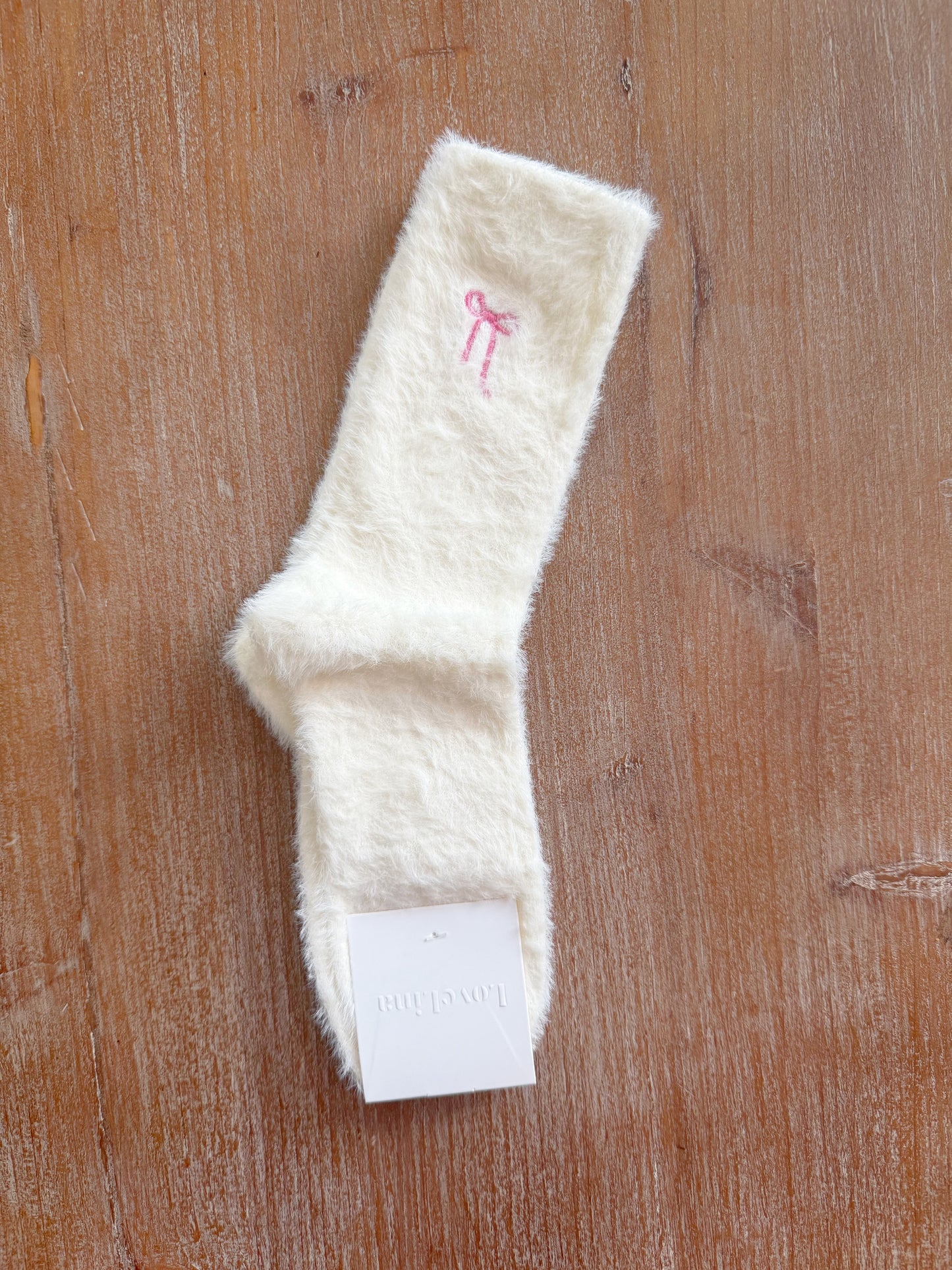 Off White Fluffy Socks with Embroidered Bow