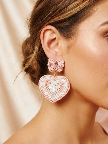 Pink Heart and Bows Valentine’s Day Beaded Earrings
