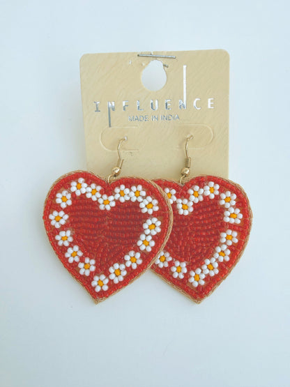 Red Floral Heart Valentine’s Day Beaded Earrings