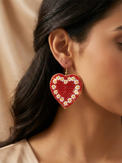 Red Floral Heart Valentine’s Day Beaded Earrings