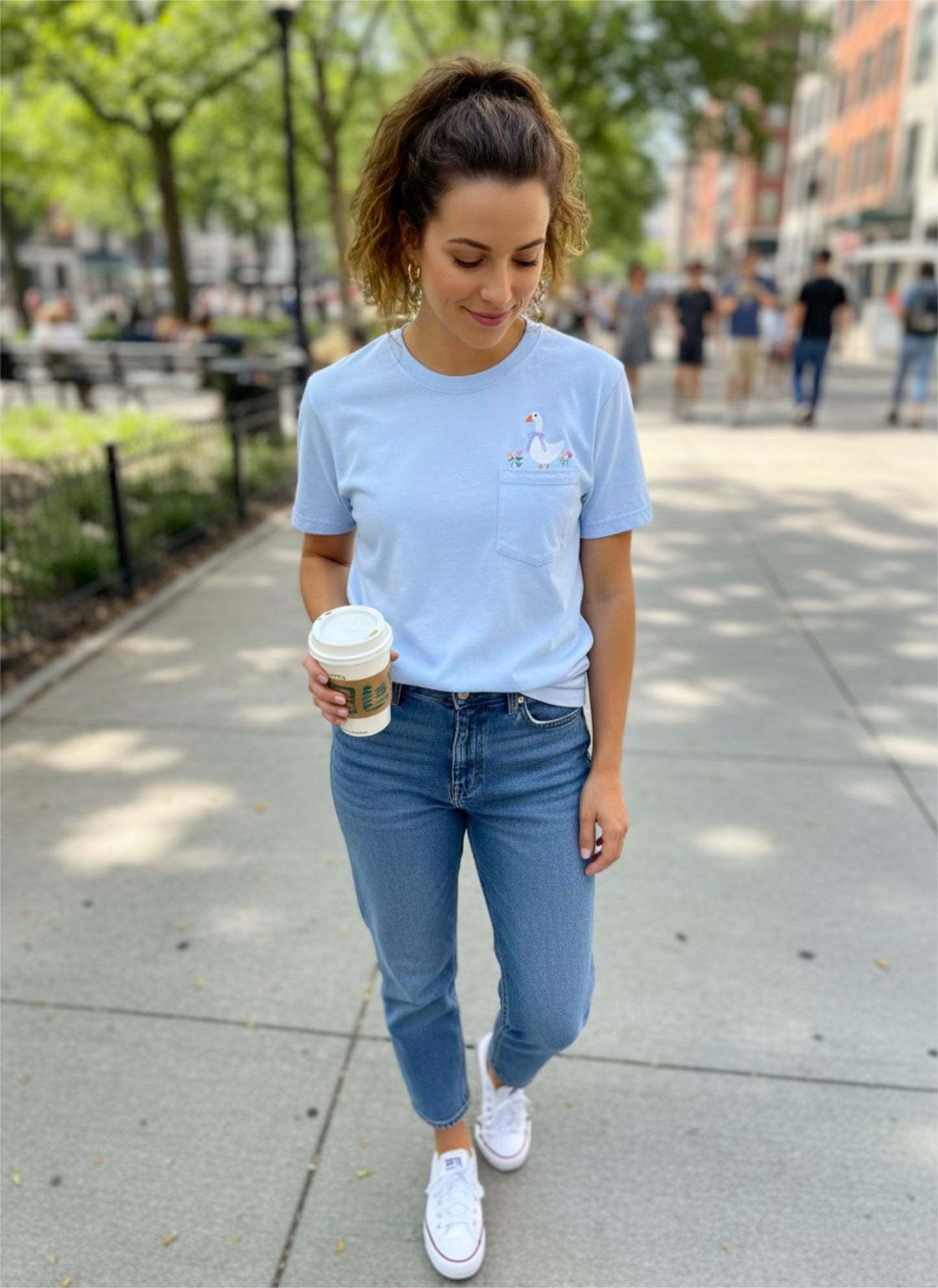 Goose and Flowers Embroidered Pocket T-Shirt