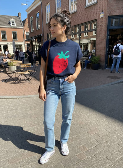 Navy Blue and Red Strawberry Short Sleeve Sweater