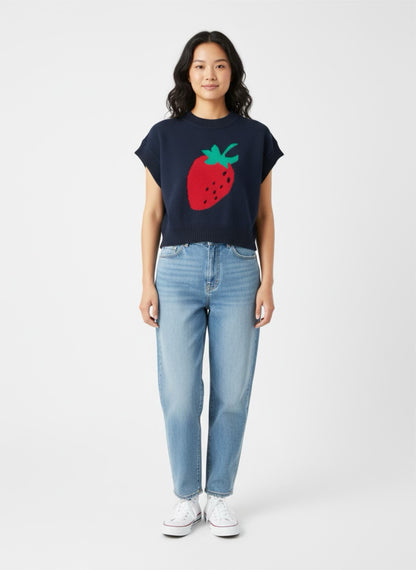 Navy Blue and Red Strawberry Short Sleeve Sweater