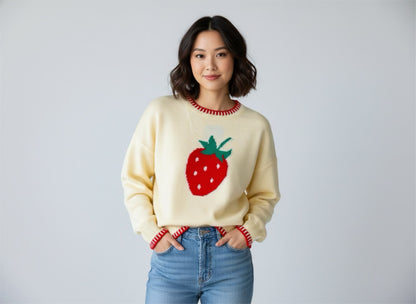 Soft Yellow and Red Strawberry Long Sleeve Sweater
