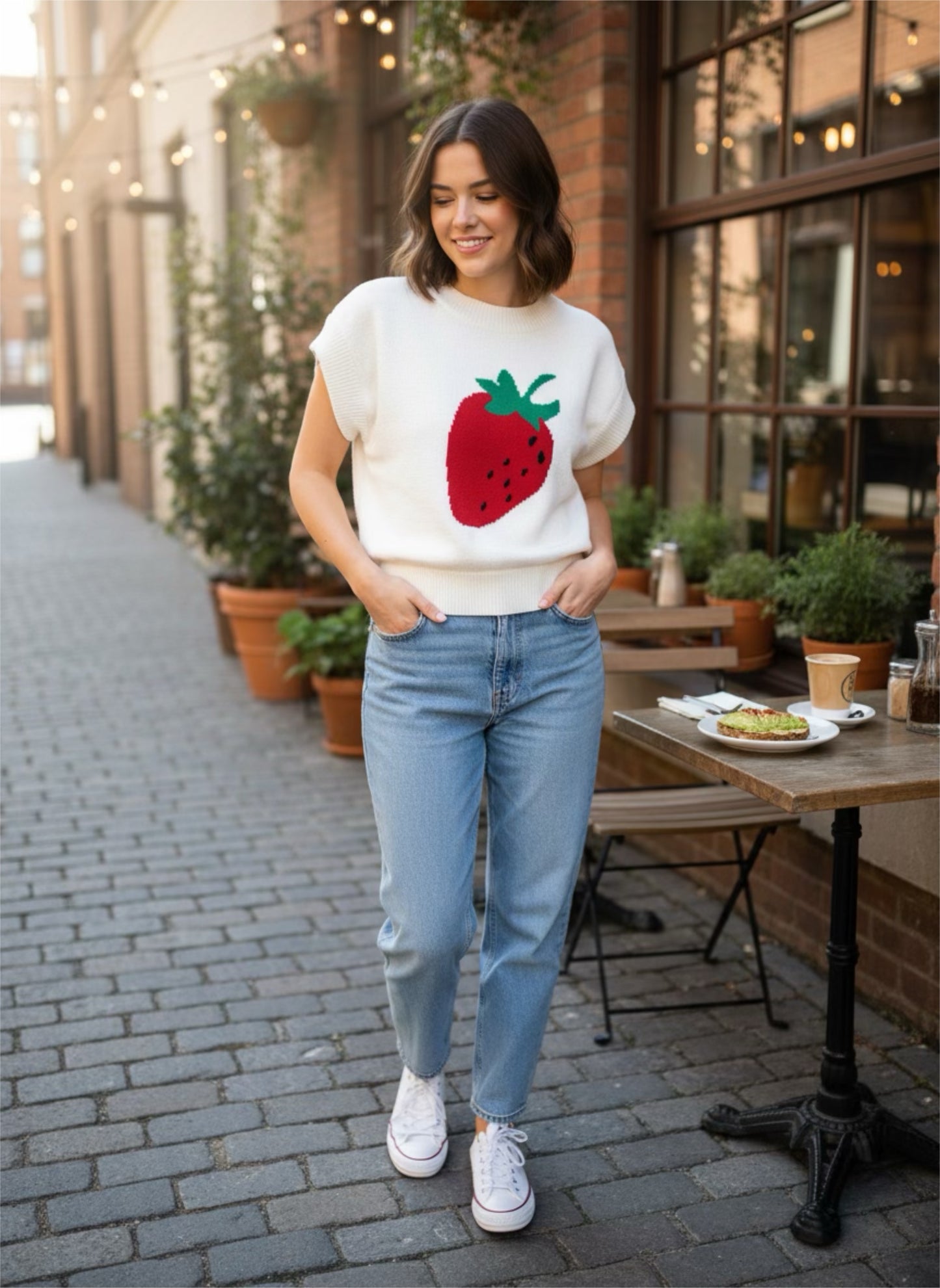 White and Red Strawberry Short Sleeve Sweater