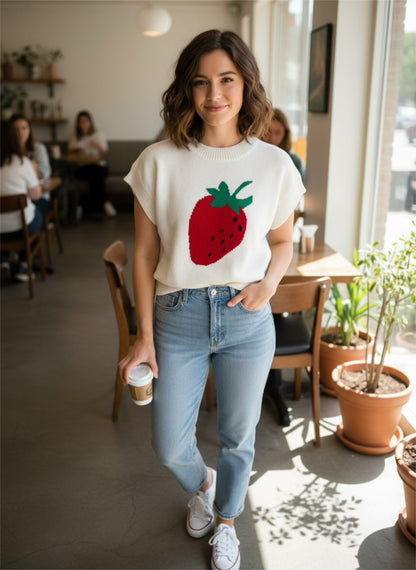 White and Red Strawberry Short Sleeve Sweater