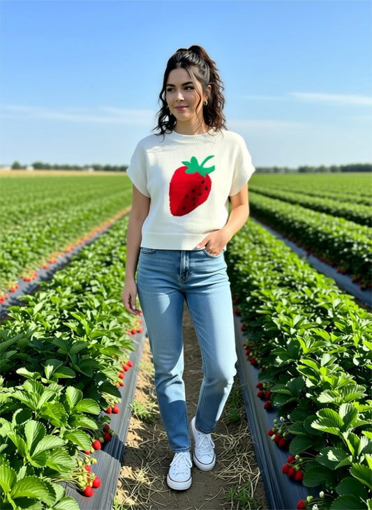 White and Red Strawberry Short Sleeve Sweater