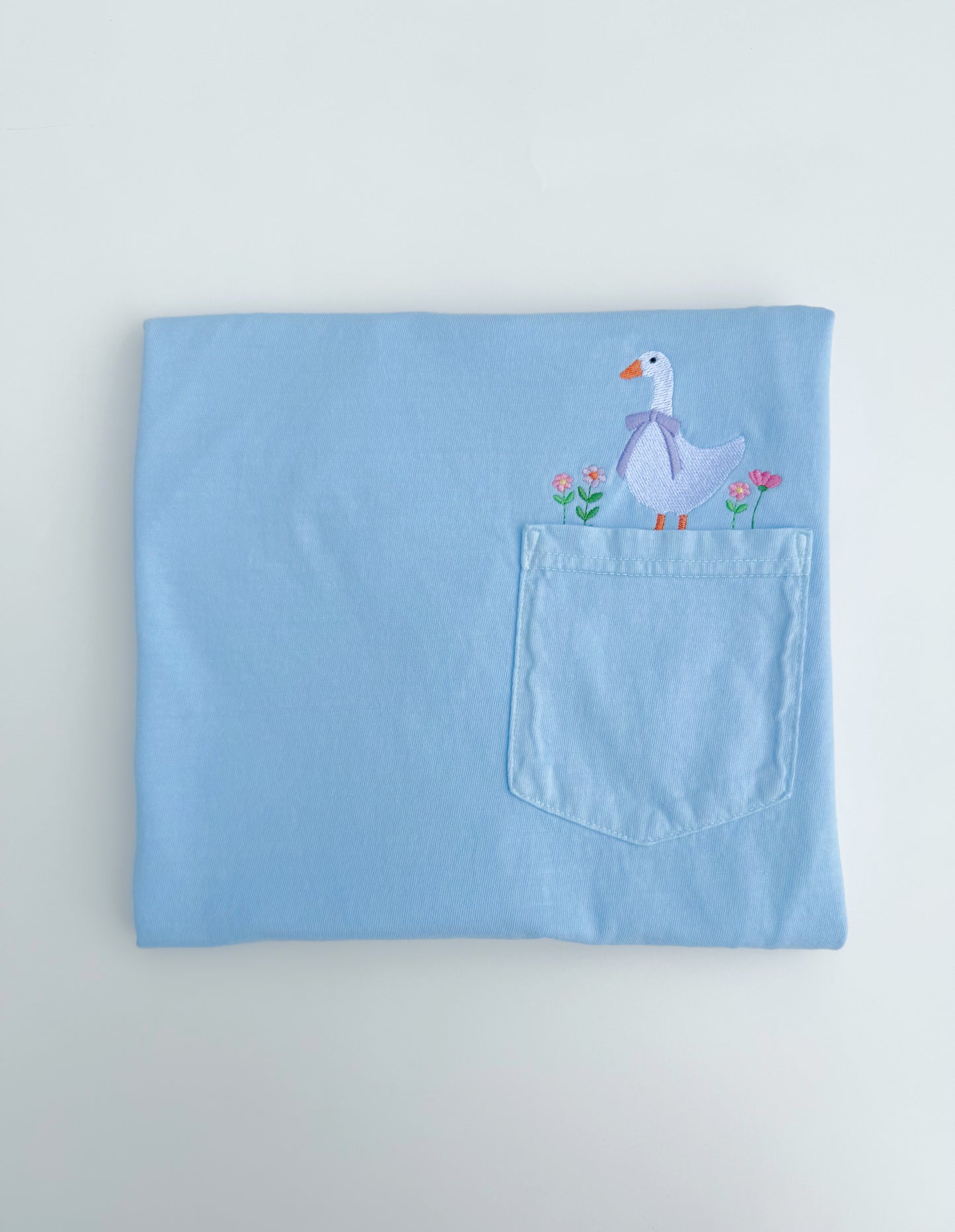 Goose and Flowers Embroidered Pocket T-Shirt