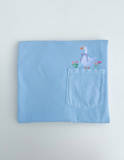 Goose and Flowers Embroidered Pocket T-Shirt
