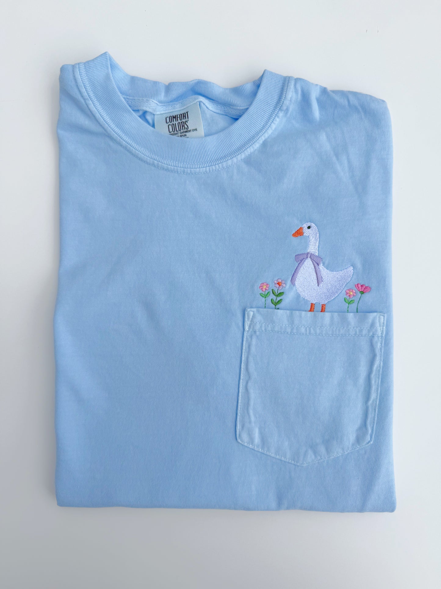 Goose and Flowers Embroidered Pocket T-Shirt