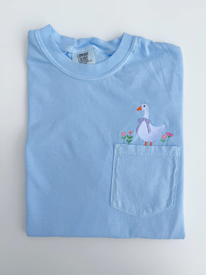 Goose and Flowers Embroidered Pocket T-Shirt