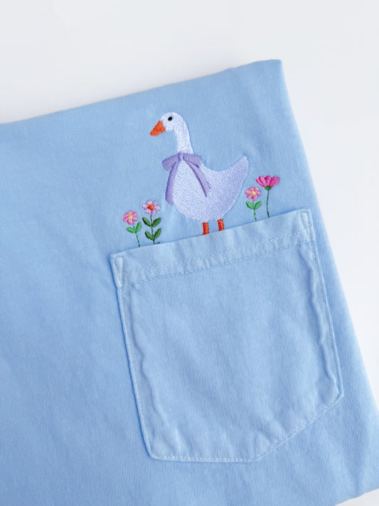Goose and Flowers Embroidered Pocket T-Shirt