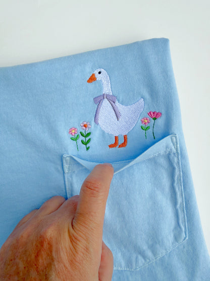 Goose and Flowers Embroidered Pocket T-Shirt