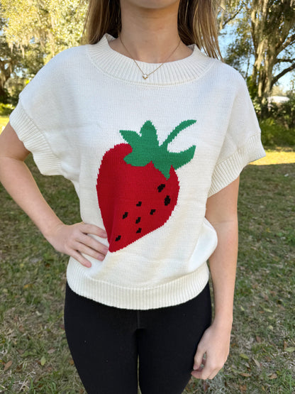 White and Red Strawberry Short Sleeve Sweater