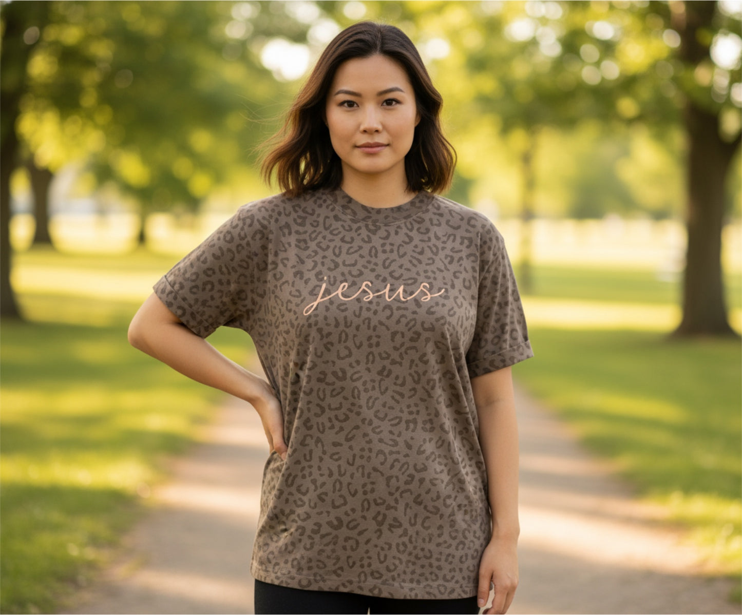 Embroidered Jesus Brown Leopard Print Oversized T-Shirt