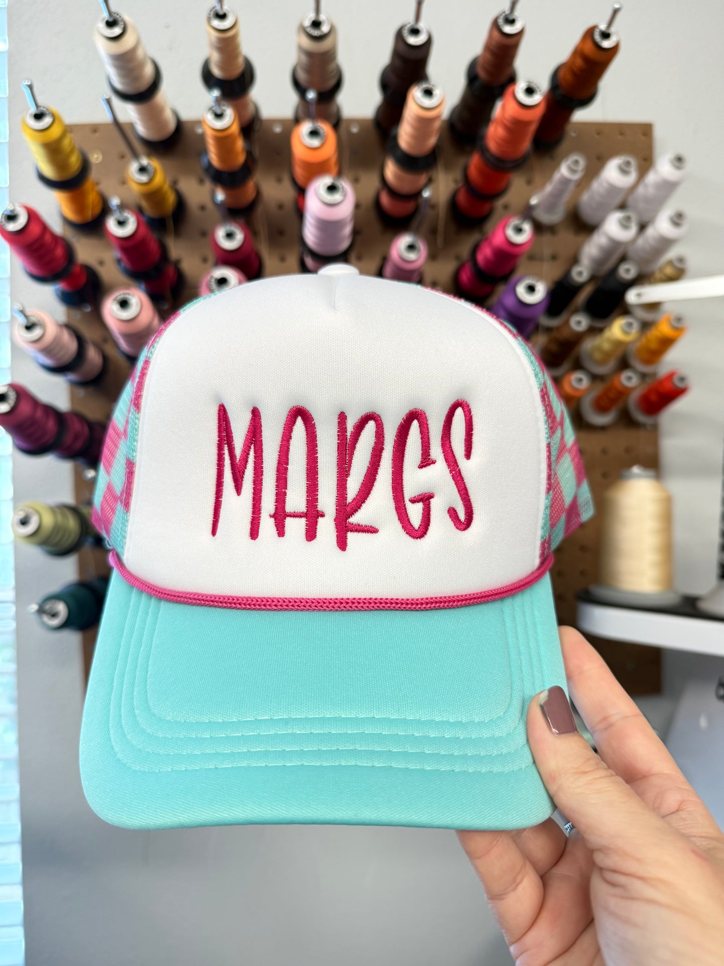 Embroidered Margs Pink and Aqua Blue Checkered Mesh Back Foam Trucker Hat