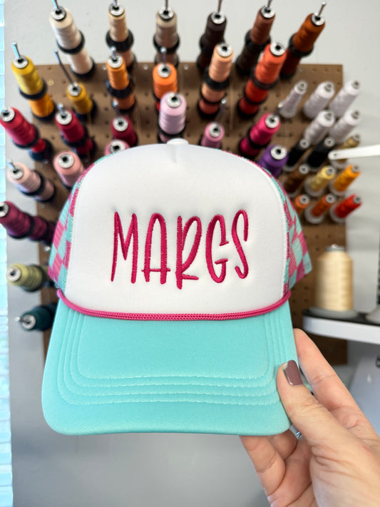Embroidered Margs Pink and Aqua Blue Checkered Mesh Back Foam Trucker Hat
