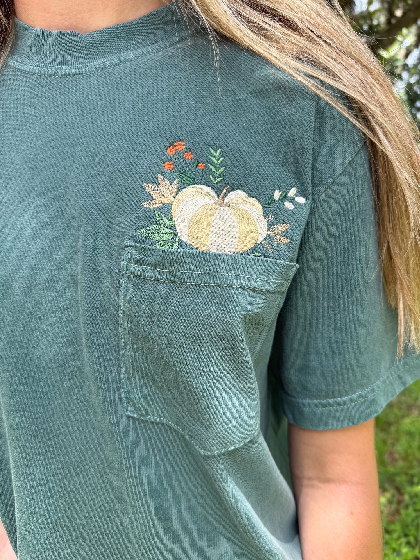 Fall Pumpkin Embroidered Blue Spruce Comfort Colors Pocket Shirt