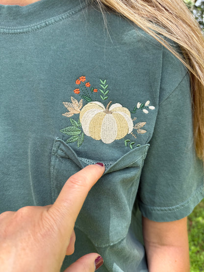 Fall Pumpkin Embroidered Blue Spruce Comfort Colors Pocket Shirt