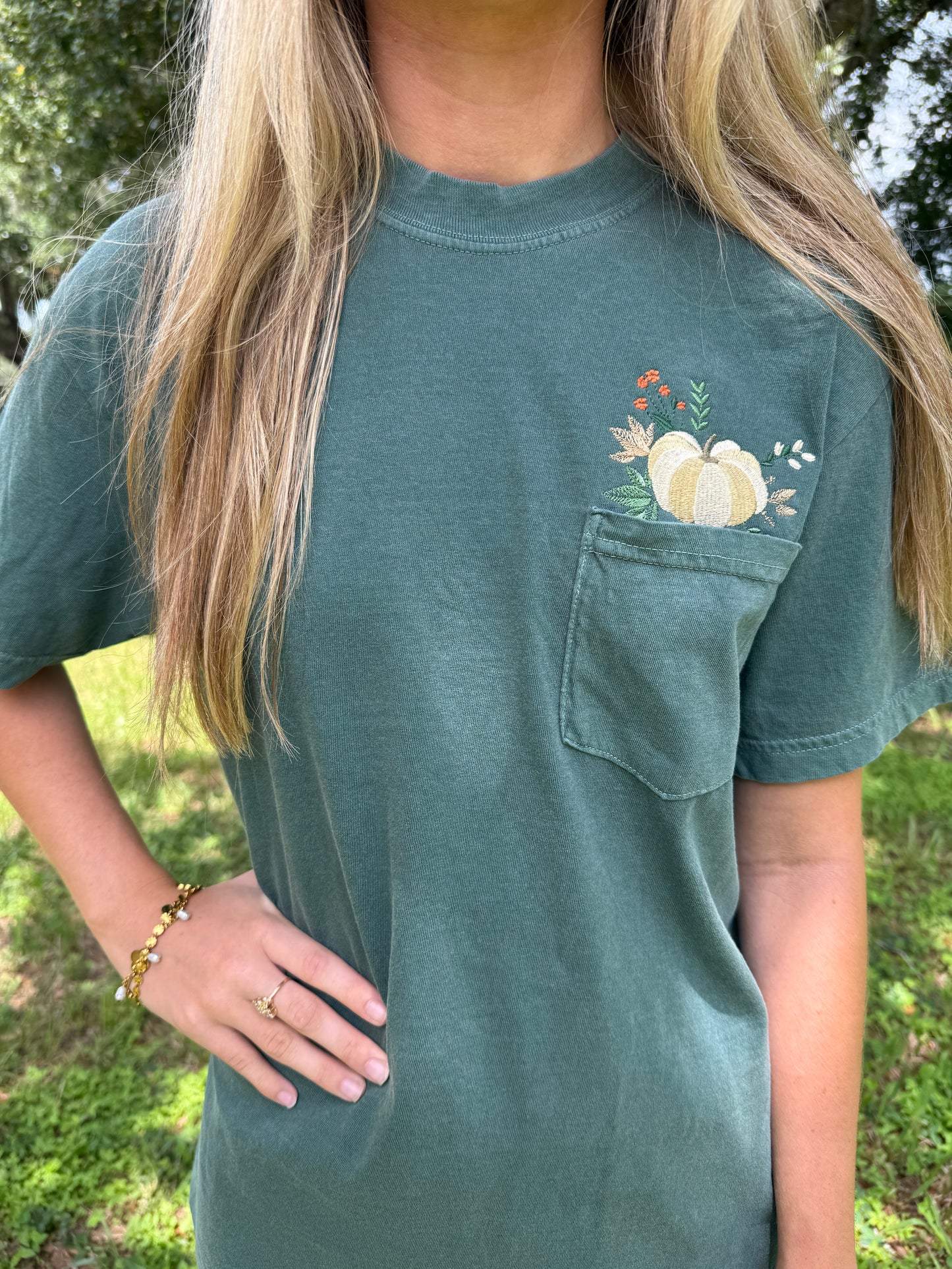 Fall Pumpkin Embroidered Blue Spruce Comfort Colors Pocket Shirt