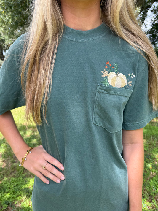 Fall Pumpkin Embroidered Blue Spruce Comfort Colors Pocket Shirt