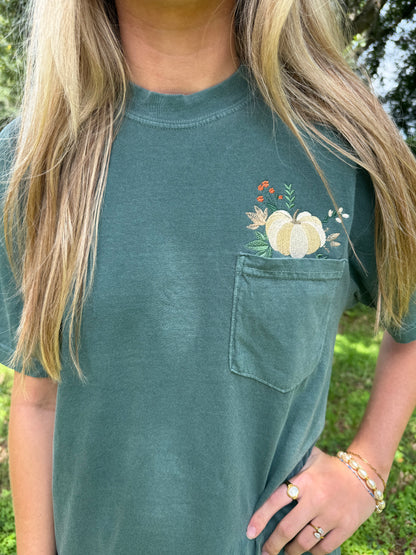 Fall Pumpkin Embroidered Blue Spruce Comfort Colors Pocket Shirt