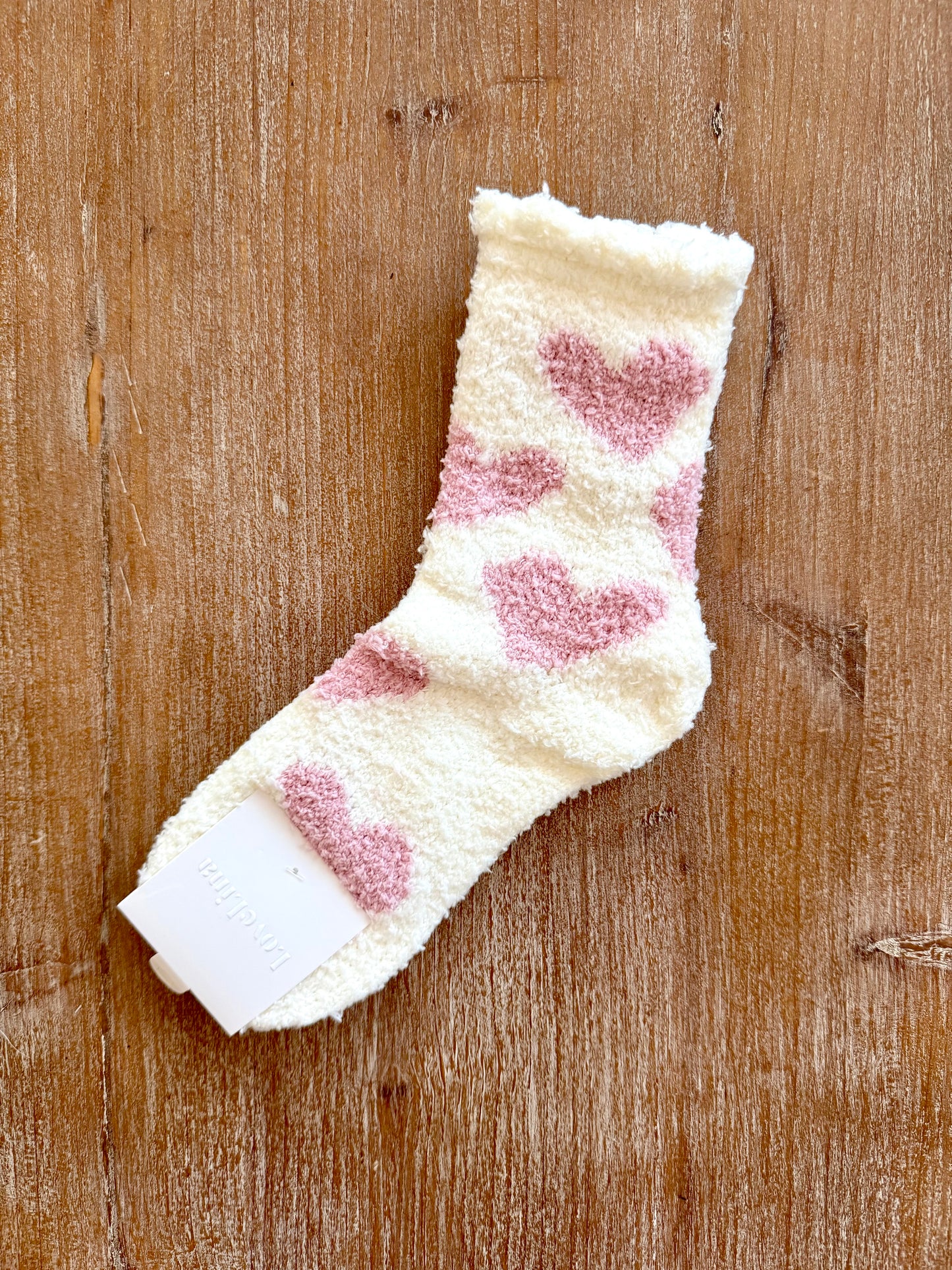 White with Pink Hearts Fluffy Socks