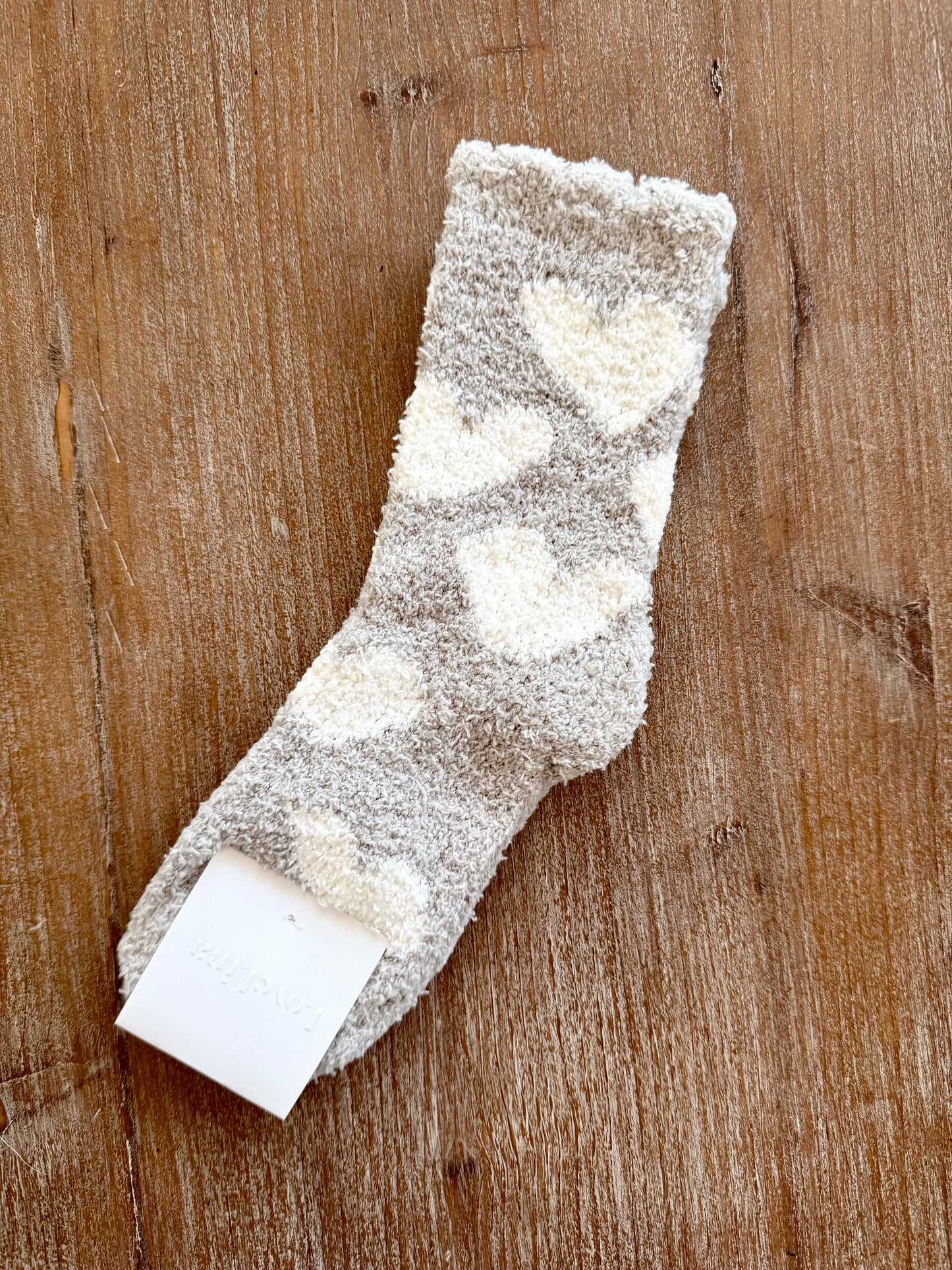 Taupe with White Hearts Fluffy Socks