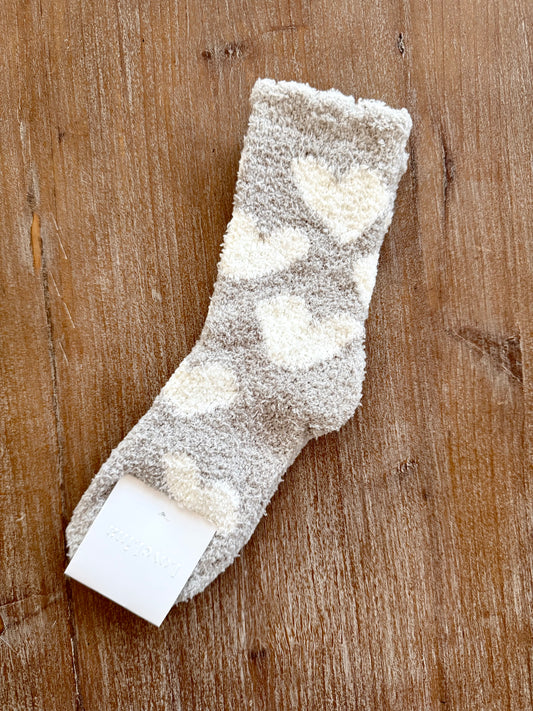 Taupe with White Hearts Fluffy Socks