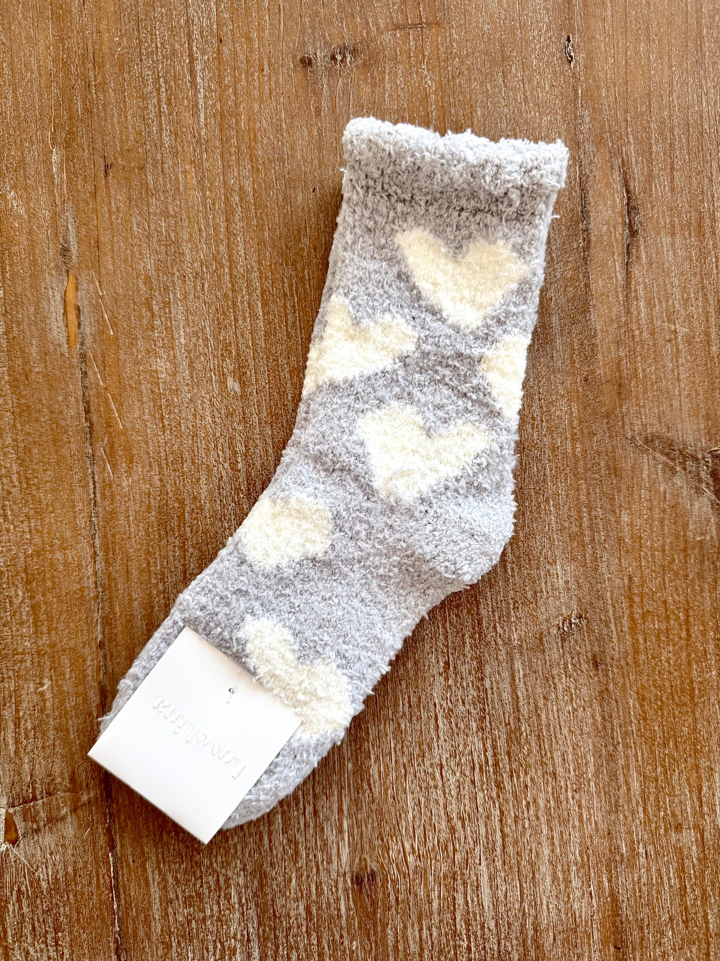 Gray with White Hearts Fluffy Socks
