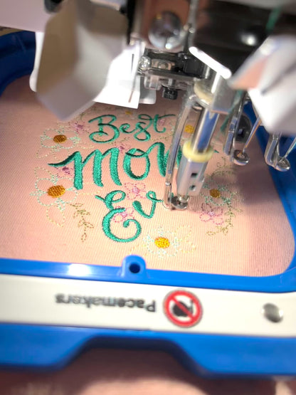 Embroidered Best Mom Ever Peach Floral Pocket T-Shirt