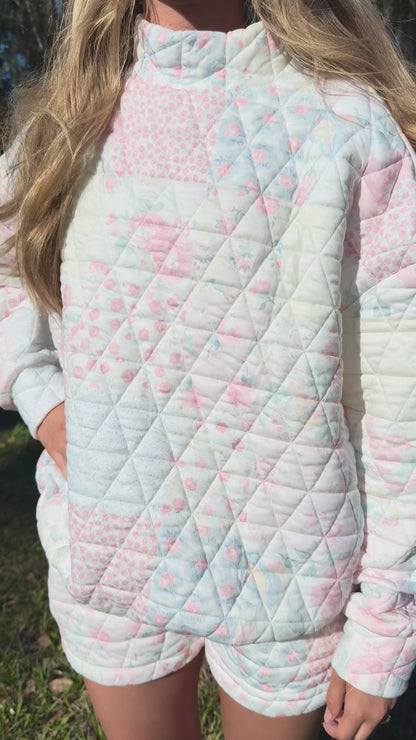 Light Pink Floral Quilted Patchwork Mock Neck Sweatshirt