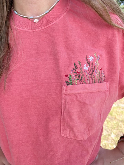 Summer Flowers Embroidered Pocket T-Shirt