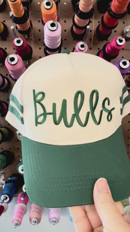 Green Bulls Embroidered Structured Mesh Back Snap Hat with Line Detail