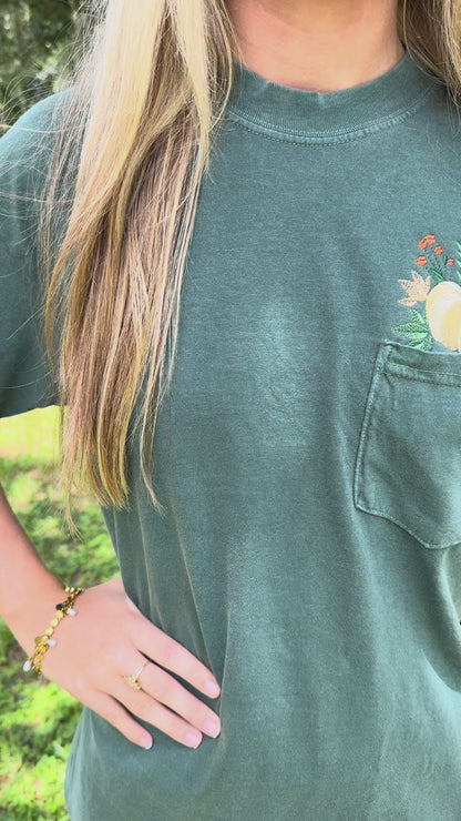 Fall Pumpkin Embroidered Blue Spruce Comfort Colors Pocket Shirt